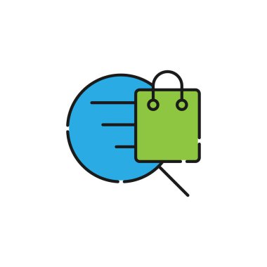 Arama simgesi vektör tasarımlı alışveriş torbası. E- ticaret, çevrimiçi mağaza ve pazar yeri web sitesi, mobil, logo, sembol, düğme, işaret, Uygulama UI tasarım kavramına sahip alışveriş çantası simgesi aranıyor