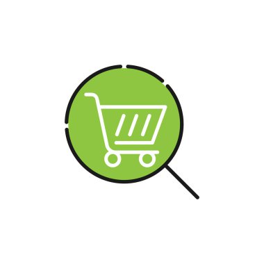 Arama Simgesi Vektör Tasarımı ile Alışveriş Arabası. E-ticaret, çevrimiçi mağaza ve pazar yeri web sitesi, mobil, logo, sembol, düğme, işaret, Uygulama UI tasarım kavramına sahip alışveriş arabası simgesi aranıyor