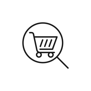 Arama Simgesi Vektör Tasarımı ile Alışveriş Arabası. E-ticaret, çevrimiçi mağaza ve pazar yeri web sitesi, mobil, logo, sembol, düğme, işaret, Uygulama UI tasarım kavramına sahip alışveriş arabası simgesi aranıyor
