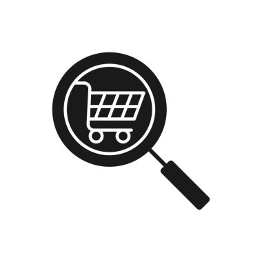 Arama Simgesi Vektör Tasarımı ile Alışveriş Arabası. E-ticaret, çevrimiçi mağaza ve pazar yeri web sitesi, mobil, logo, sembol, düğme, işaret, Uygulama UI tasarım kavramına sahip alışveriş arabası simgesi aranıyor