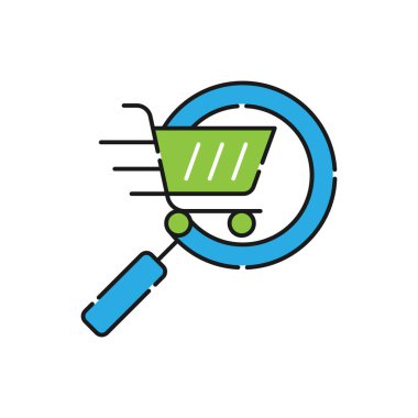 Arama Simgesi Vektör Tasarımı ile Alışveriş Arabası. E-ticaret, çevrimiçi mağaza ve pazar yeri web sitesi, mobil, logo, sembol, düğme, işaret, Uygulama UI tasarım kavramına sahip alışveriş arabası simgesi aranıyor
