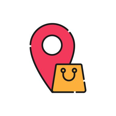 Konum simgesi vektör tasarımlı alışveriş torbası. E-ticaret, çevrimiçi mağaza ve pazar yeri web sitesi, mobil, logo, sembol, düğme, işaret, Uygulama UI için konum tasarım konseptine sahip torba simgesi alışverişi