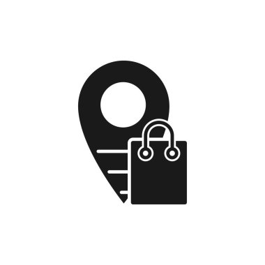 Konum simgesi vektör tasarımlı alışveriş torbası. E-ticaret, çevrimiçi mağaza ve pazar yeri web sitesi, mobil, logo, sembol, düğme, işaret, Uygulama UI için konum tasarım konseptine sahip torba simgesi alışverişi