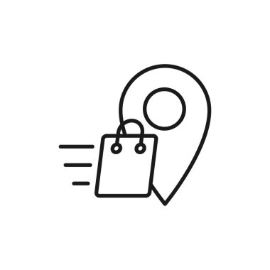 Konum simgesi vektör tasarımlı alışveriş torbası. E-ticaret, çevrimiçi mağaza ve pazar yeri web sitesi, mobil, logo, sembol, düğme, işaret, Uygulama UI için konum tasarım konseptine sahip torba simgesi alışverişi