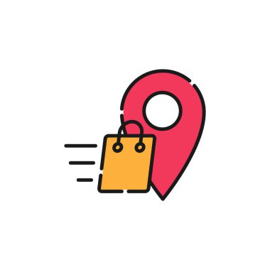 Konum simgesi vektör tasarımlı alışveriş torbası. E-ticaret, çevrimiçi mağaza ve pazar yeri web sitesi, mobil, logo, sembol, düğme, işaret, Uygulama UI için konum tasarım konseptine sahip torba simgesi alışverişi