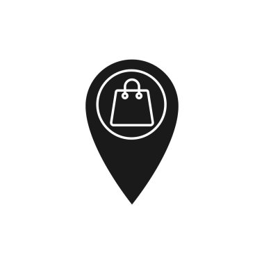 Konum simgesi vektör tasarımlı alışveriş torbası. E-ticaret, çevrimiçi mağaza ve pazar yeri web sitesi, mobil, logo, sembol, düğme, işaret, Uygulama UI için konum tasarım konseptine sahip torba simgesi alışverişi