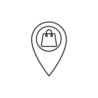 Konum simgesi vektör tasarımlı alışveriş torbası. E-ticaret, çevrimiçi mağaza ve pazar yeri web sitesi, mobil, logo, sembol, düğme, işaret, Uygulama UI için konum tasarım konseptine sahip torba simgesi alışverişi