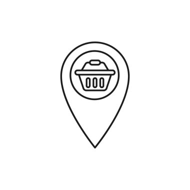 Konum simgesi vektör tasarımlı alışveriş arabası. E-ticaret, çevrimiçi mağaza ve pazar sitesi, mobil, logo, sembol, düğme, işaret, Uygulama UI için Konum Pin tasarım konseptine sahip Alışveriş Arabası simgesi