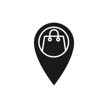 Konum simgesi vektör tasarımlı alışveriş torbası. E-ticaret, çevrimiçi mağaza ve pazar yeri web sitesi, mobil, logo, sembol, düğme, işaret, Uygulama UI için konum tasarım konseptine sahip torba simgesi alışverişi