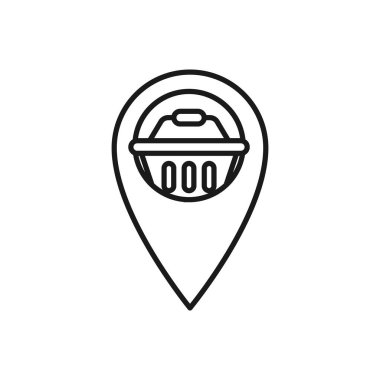 Konum simgesi vektör tasarımlı alışveriş arabası. E-ticaret, çevrimiçi mağaza ve pazar sitesi, mobil, logo, sembol, düğme, işaret, Uygulama UI için Konum Pin tasarım konseptine sahip Alışveriş Arabası simgesi