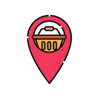 Konum simgesi vektör tasarımlı alışveriş arabası. E-ticaret, çevrimiçi mağaza ve pazar sitesi, mobil, logo, sembol, düğme, işaret, Uygulama UI için Konum Pin tasarım konseptine sahip Alışveriş Arabası simgesi