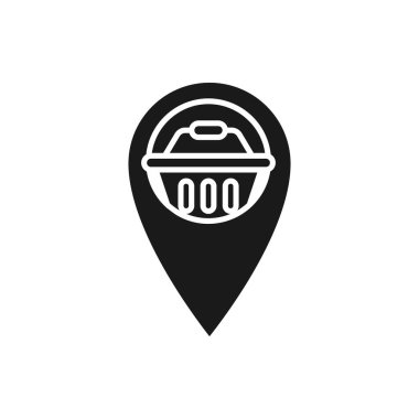 Konum simgesi vektör tasarımlı alışveriş arabası. E-ticaret, çevrimiçi mağaza ve pazar sitesi, mobil, logo, sembol, düğme, işaret, Uygulama UI için Konum Pin tasarım konseptine sahip Alışveriş Arabası simgesi