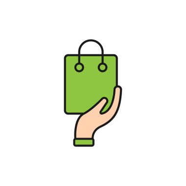 El Simgesi Vektör Tasarımı ile Alışveriş Torbası. E- ticaret, çevrimiçi mağaza ve pazar sitesi, mobil, logo, sembol, düğme, işaret, uygulama için El Hareketi tasarım konseptine sahip alışveriş poşeti simgesi