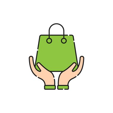 El Simgesi Vektör Tasarımı ile Alışveriş Torbası. E- ticaret, çevrimiçi mağaza ve pazar sitesi, mobil, logo, sembol, düğme, işaret, uygulama için El Hareketi tasarım konseptine sahip alışveriş poşeti simgesi