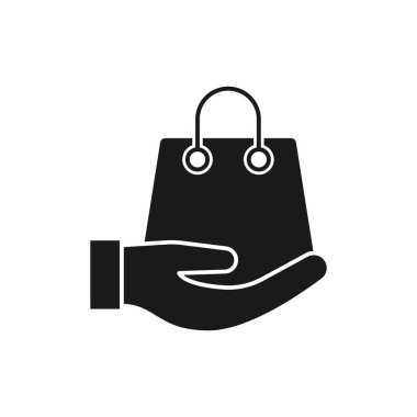 El Simgesi Vektör Tasarımı ile Alışveriş Torbası. E- ticaret, çevrimiçi mağaza ve pazar sitesi, mobil, logo, sembol, düğme, işaret, uygulama için El Hareketi tasarım konseptine sahip alışveriş poşeti simgesi