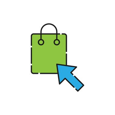 Ok Simgesi Vektör Tasarımı ile Alışveriş Torbası. E- ticaret, çevrimiçi mağaza ve pazar yeri web sitesi, mobil, logo, sembol, düğme, işaret, uygulama UI için Arrow tasarım konseptine sahip torba simgesi alınıyor