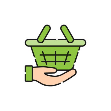 El ikonu Vektör Tasarımı ile Alışveriş Arabası. E-ticaret, çevrimiçi mağaza ve pazar sitesi, mobil, logo, sembol, düğme, işaret, uygulama için El Hareketi tasarım konseptine sahip alışveriş arabası simgesi