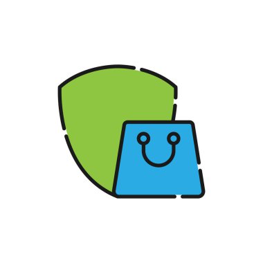 Güvenli Alışveriş ikonu Vektör İllüstrasyonu. E- ticaret, çevrimiçi mağaza ve pazar sitesi, mobil, logo, sembol, düğme, işaret, uygulama UI için Shield ikon tasarım konseptiyle alışveriş güvenliği ve güvenliği.