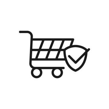 Güvenli Alışveriş ikonu Vektör İllüstrasyonu. E- ticaret, çevrimiçi mağaza ve pazar sitesi, mobil, logo, sembol, düğme, işaret, uygulama UI için Shield ikon tasarım konseptiyle alışveriş güvenliği ve güvenliği.