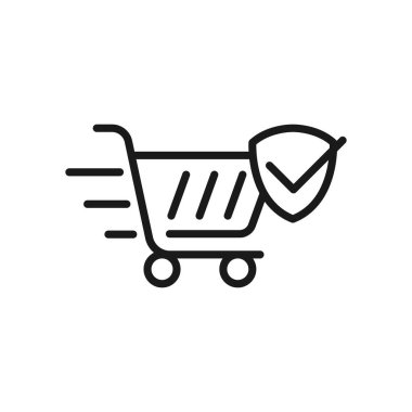 Güvenli Alışveriş ikonu Vektör İllüstrasyonu. E- ticaret, çevrimiçi mağaza ve pazar sitesi, mobil, logo, sembol, düğme, işaret, uygulama UI için Shield ikon tasarım konseptiyle alışveriş güvenliği ve güvenliği.