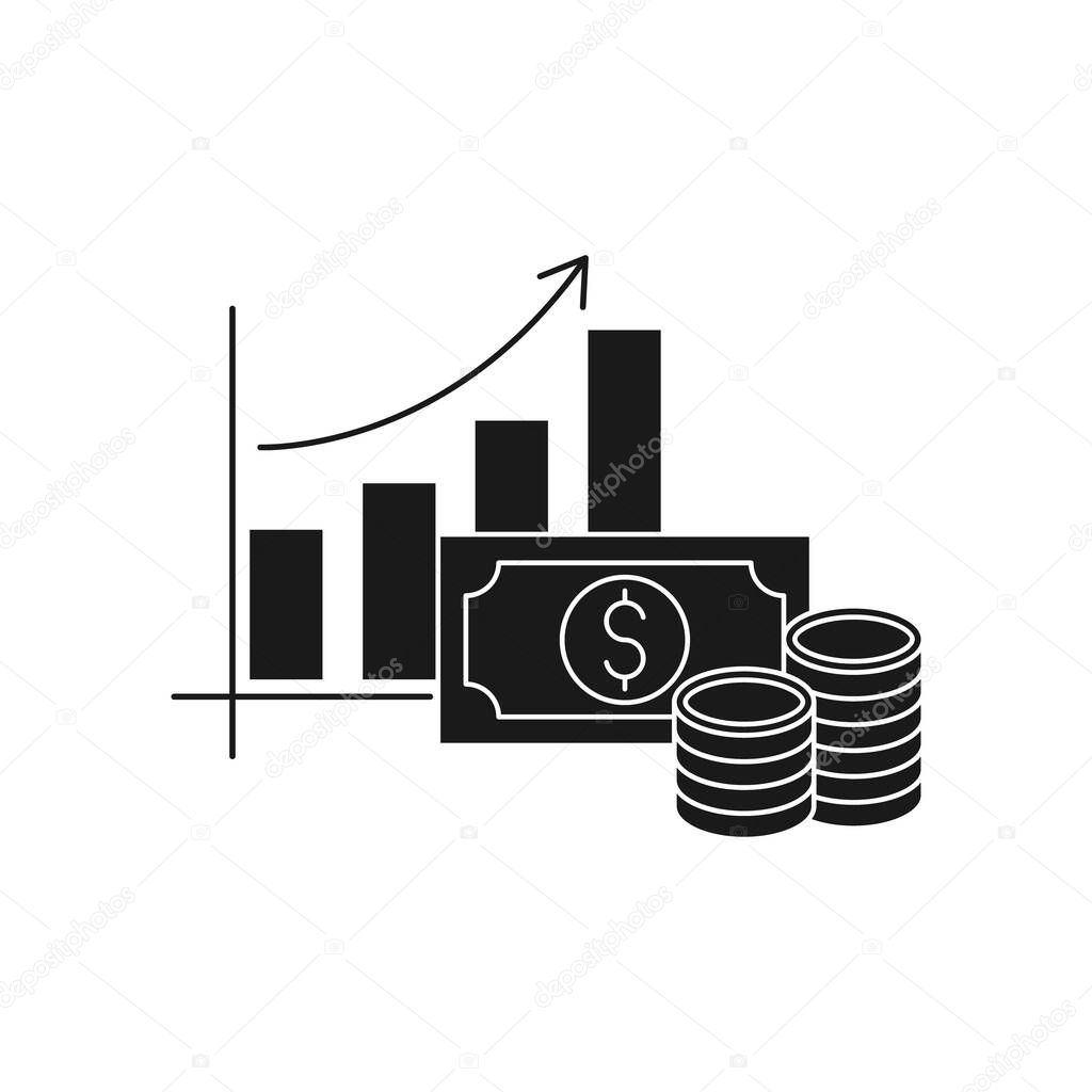 Money Chart icon Vector. Money stats with chart bar growing of rising and falling dollar vector design concept for Payment, Finance, Currency and Trading Business website, symbol, icon, sign, App UI