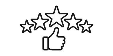 Müşteri değerlendirme ikon vektör illüstrasyonu. 5 yıldız derecelendirme ikonu vektör tasarım şablonu. Web sitesi, sembol, logo, işaret, mobil uygulama, UI için beş yıldızlı vektör simgesi düz tasarımı ile gözden geçir.