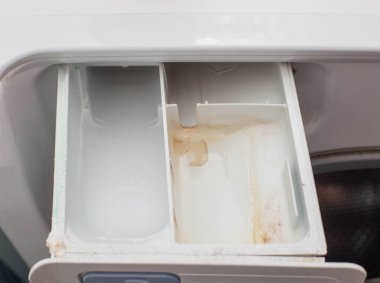 Mantar ve nemden bulaşık makinesinde kirli toz tepsisi var. Çamaşır makinesi bakım ve temizlik konsepti