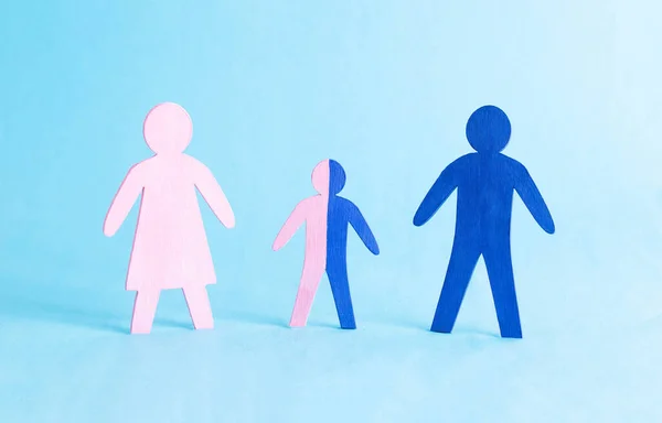 Wooden Figures Form People Blue Background Family Concept One Child — Stock Photo, Image