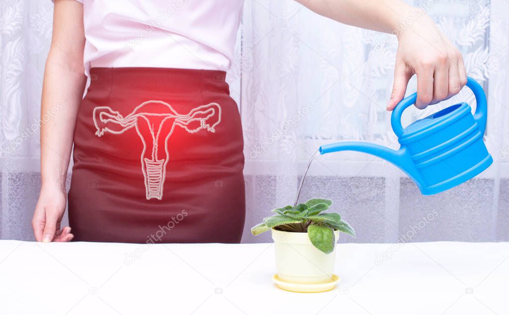 A woman in the office waters a flower from a watering can. Urinary and reproductive system diseases concept, urinary incontinence, bladder problems