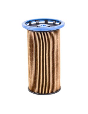 Dirty spent fuel car filter on white background, isolate. Concept of high quality car fuel, fuel cleaning, close-up