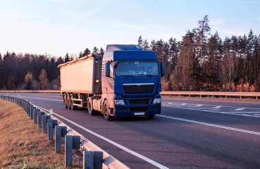 Modern bir kamyon, kargoyu asfalt bir yol boyunca bir orman ve gökyüzünün arka planına karşı taşır. Katı kargoların özel karavanlarda tahıl şeklinde taşınması fikri. Metin için alanı kopyala