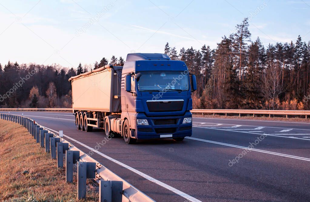 A modern truck transports bulk cargo along an asphalt road against the backdrop of a forest and sky. Concept for the transportation of solid bulk cargo in the form of grain in special trailers. Copy space for text