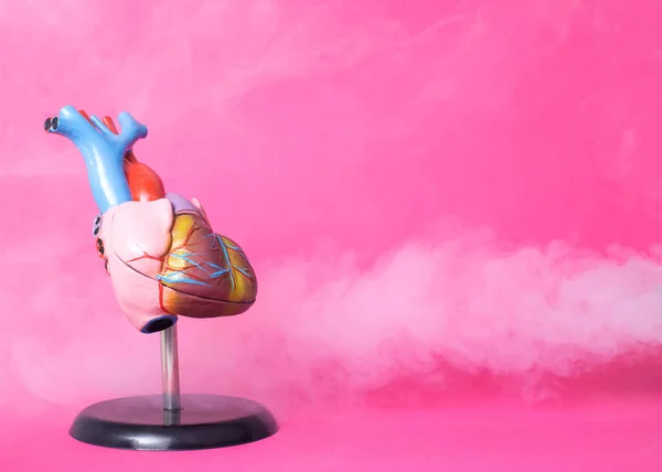 Mockup Coração Humano Fundo Rosa Fumaça Com Vapor Frio Meio — Fotografia de Stock