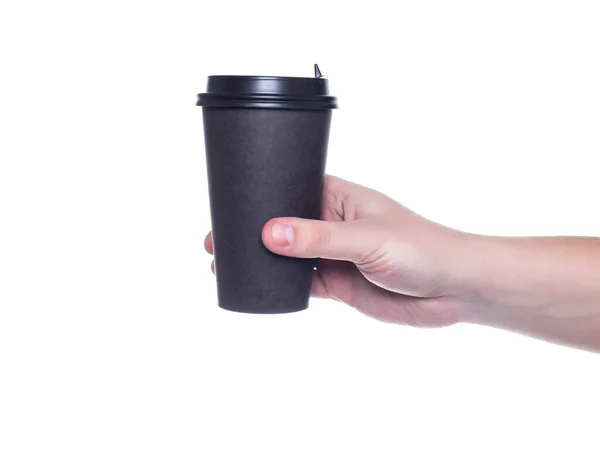 Man Som Håller Brun Kaffekopp Vit Bakgrund Isolat Närbild — Stockfoto