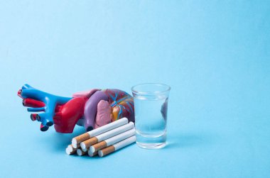 Mavi arka planda insan kalbi, sigara ve alkol taklidi. Sigara ve alkol yüzünden kardiyovasküler sistemin risk faktörü ve hastalıkları kavramı, metin için kopyalama alanı. Patoloji