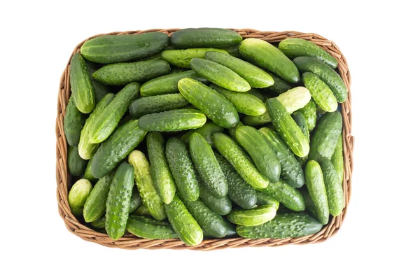 Groene Komkommers Een Rieten Mandje Een Witte Achtergrond Isoleren Close — Stockfoto