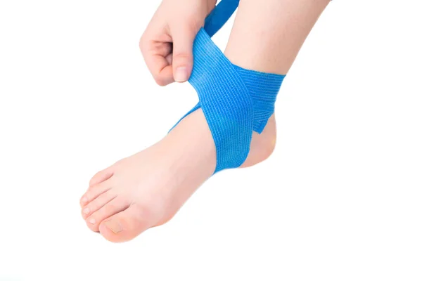 Blue Elastic Ankle Bandage White Background Isolate Concept Fixing Sore — Stock Photo, Image