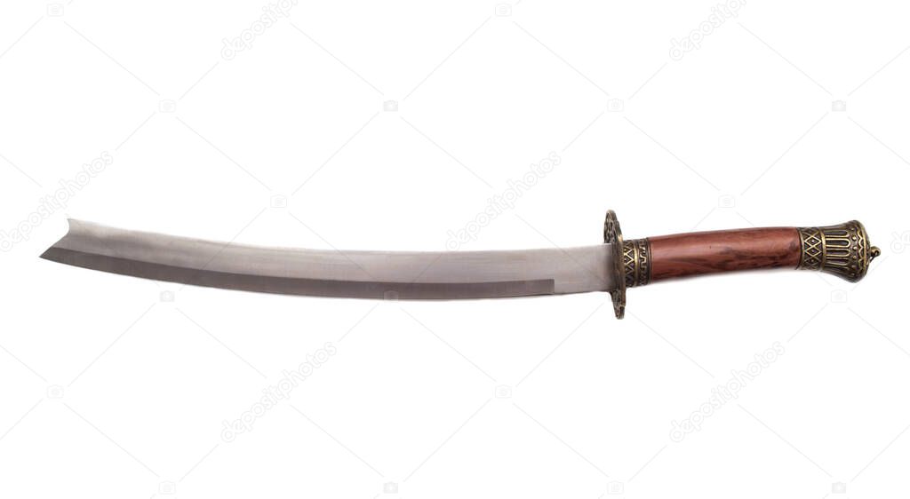 Katana saber with beautiful patterns on a white background, isolate. Close-up, history