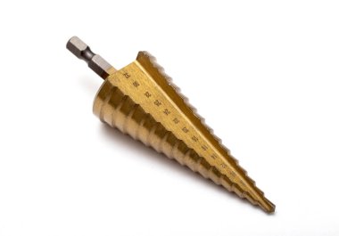 Gold step drill for drilling holes of different diameters, close-up clipart
