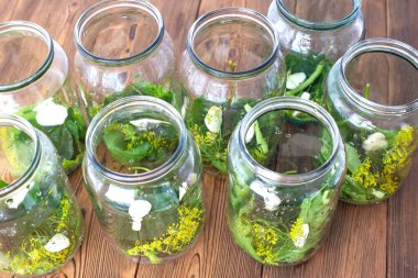 Salatalıkları korumak için baharatlı, sarımsaklı ve turşulu kavanozlar. Baharatlı kavanozlar ahşap arka planda, kış için muhafaza, aperatif