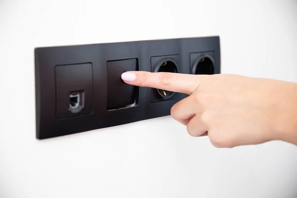 Girl Presses Button Broken Electrical Switch Combined Socket Electric Shock — Stock Photo, Image