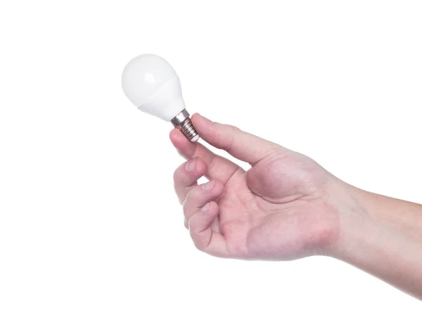 Man Holds Small Light Bulb His Hand E10 Base White — Stock Photo, Image