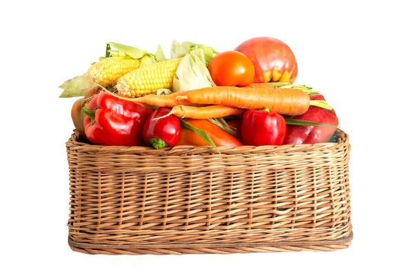 Cesta Com Verduras Verão Outono Fundo Branco Pimenta Sino Cenouras Fotografia De Stock