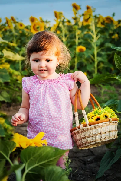 The little girl in the sunflowers — Stock Photo, Image