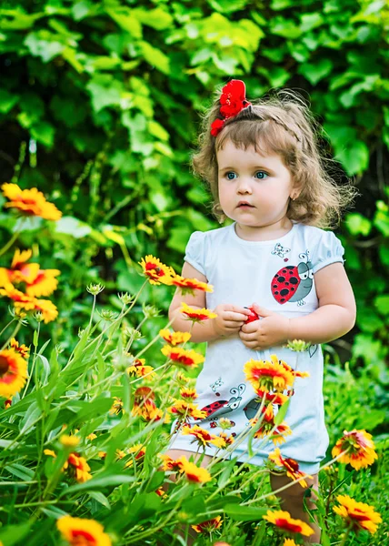 Portrait of a beautiful girl among the flowers — Stock Photo, Image