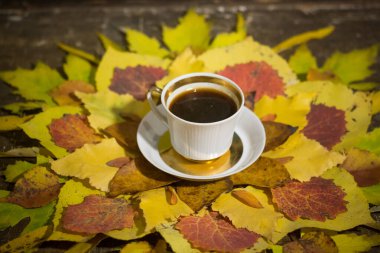Sonbahar yapraklarının üzerinde bir fincan kahve.
