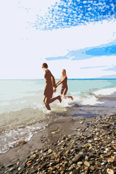 恋人们沿着海滨奔跑 — 图库矢量图片