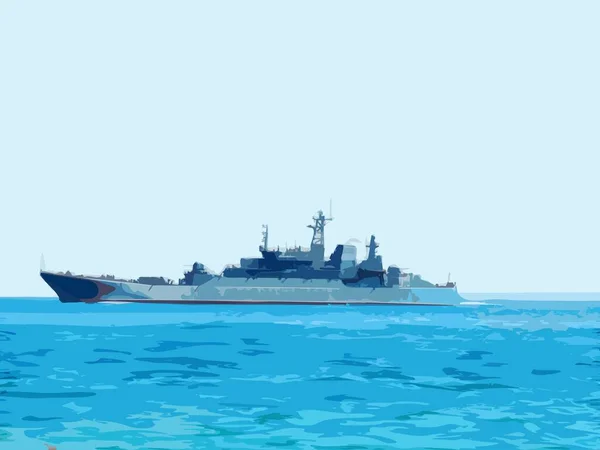 Ein Kriegsschiff Auf Dem Glatten Blauen Meer — Stockvektor