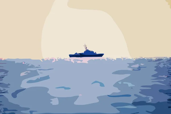 Военный Корабль Горизонте Моря Закате — стоковый вектор