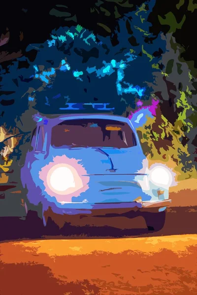 Small Retro Car Shines Headlights Night — Stock Vector